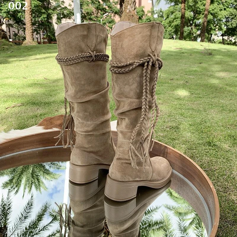 新款牛皮版~复古废土风流苏骑士靴粗跟不过膝长筒靴显瘦堆堆高筒