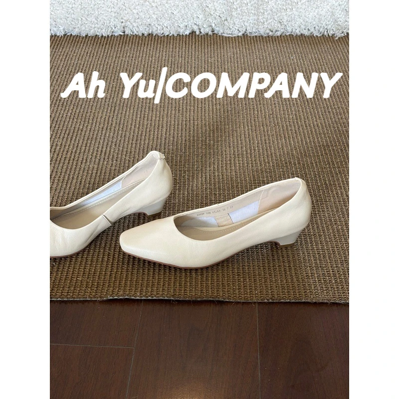 真皮版~法式简约气质浅口粗跟单鞋一脚蹬通勤鞋方头复古高跟鞋女