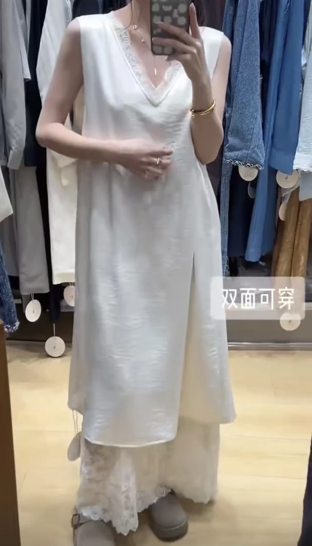 法式优雅醋酸配蕾丝两面穿砍裙显瘦遮肉连衣裙25215