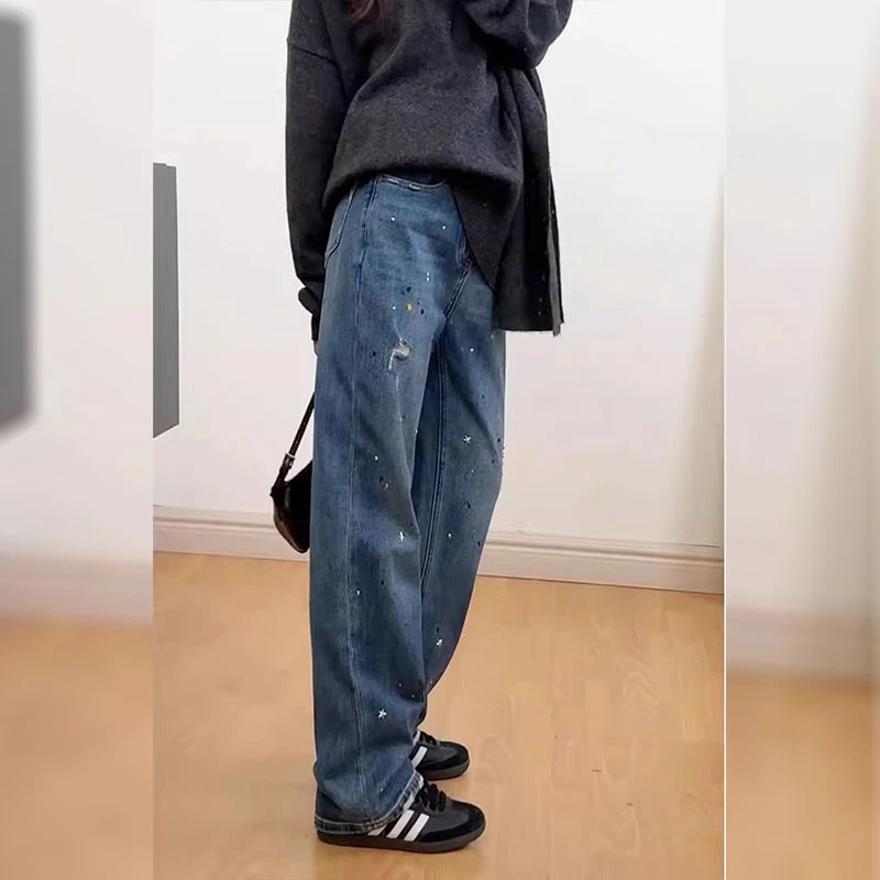 复古泼墨烫钻阔腿牛仔裤女春季新款胖mm大尺码显瘦高腰窄版直筒裤