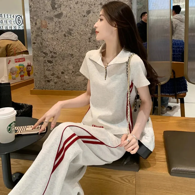 小个子运动服套装女2025年夏季新款撞色宽松显瘦上衣阔腿裤两件套