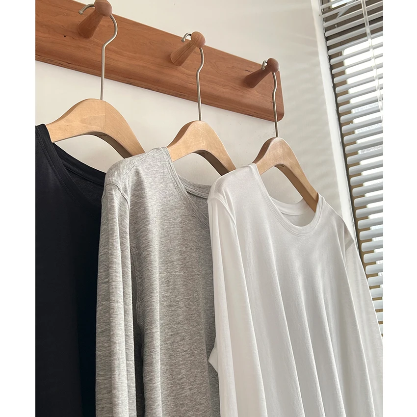 通勤百搭~早秋薄款水洗棉圆领长袖白色T恤女内搭打底衫上衣