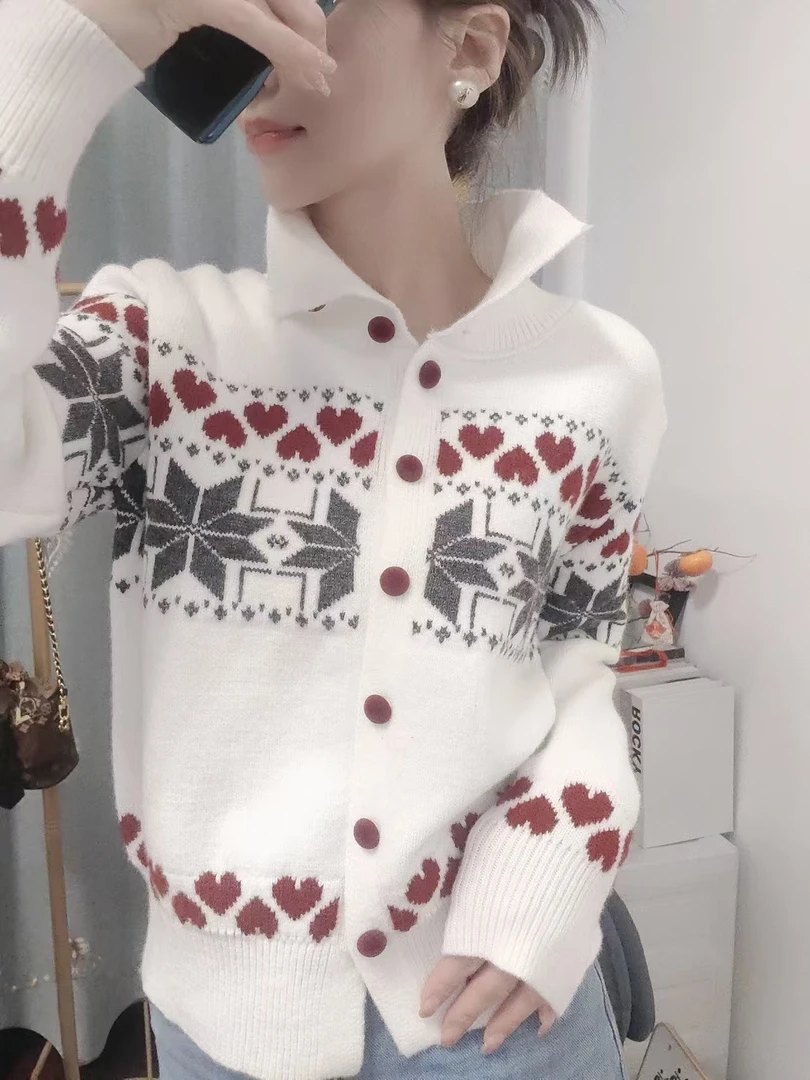 网红费尔岛复古提花半高领韩系开衫外套气质减龄时尚百搭