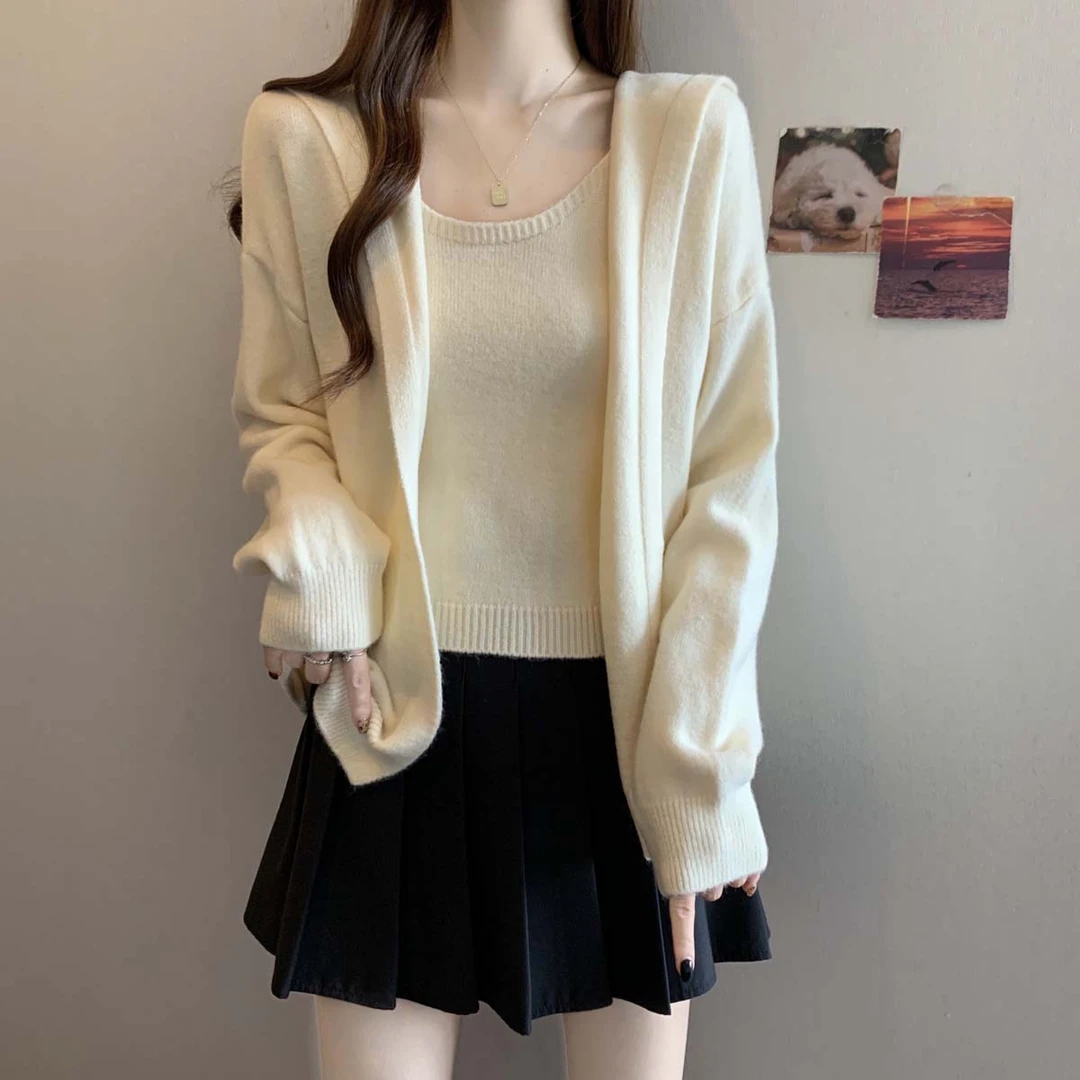 2025秋冬新款连帽针织背心毛衣套装女大码胖mm休闲百搭显瘦两件套