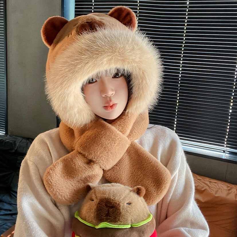 新款帽子围巾二合一卡皮河豚毛绒保暖一体帽加厚加绒外出必备