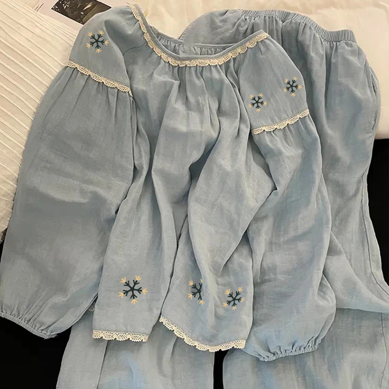 2025新款睡衣女法式复古高级感蓝色长袖长裤宽松拼接家居服可外穿