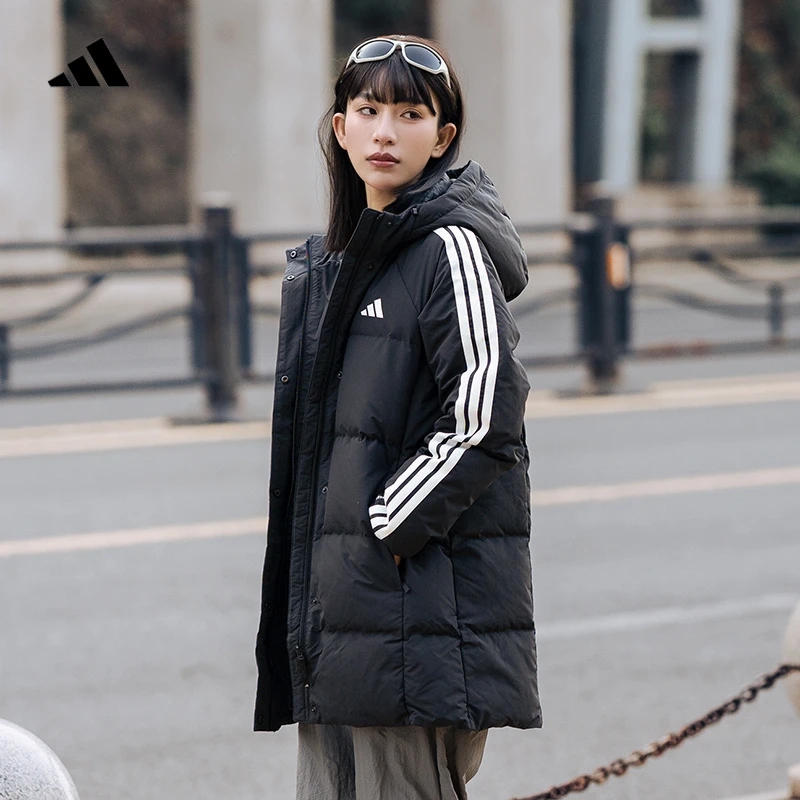 阿迪达斯中长款连帽羽绒服女冬季户外保暖夹克外套运动服KC2486