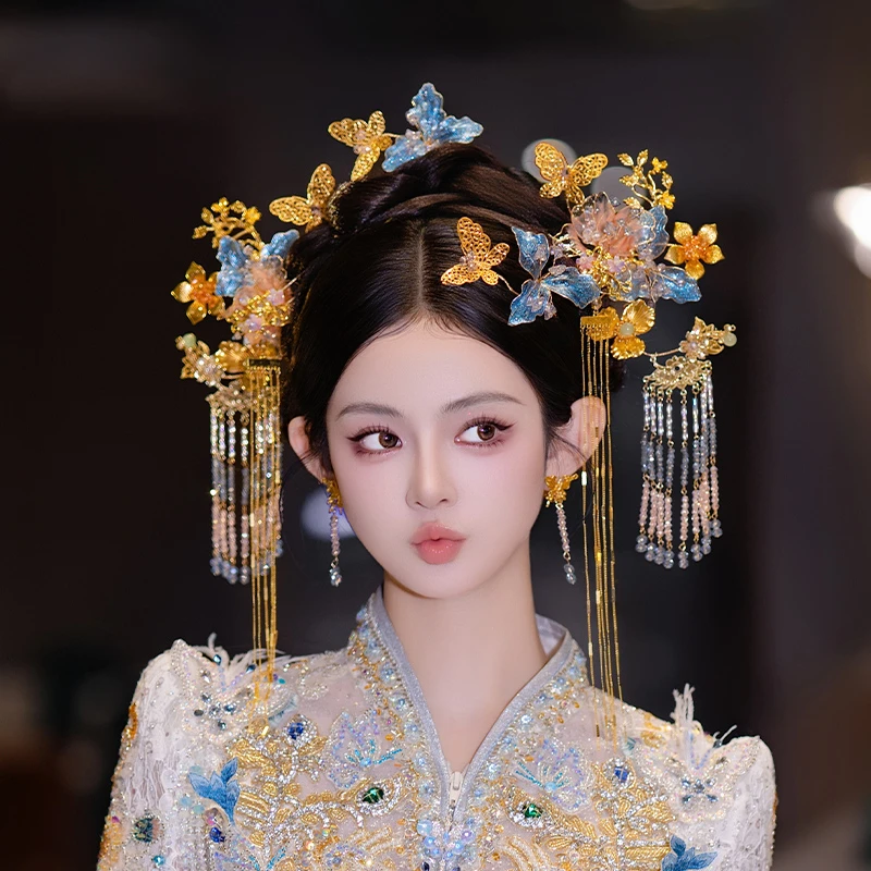 合金婚庆饰品 中式新娘金蓝撞色花朵秀禾头饰超仙长流苏发饰D0527