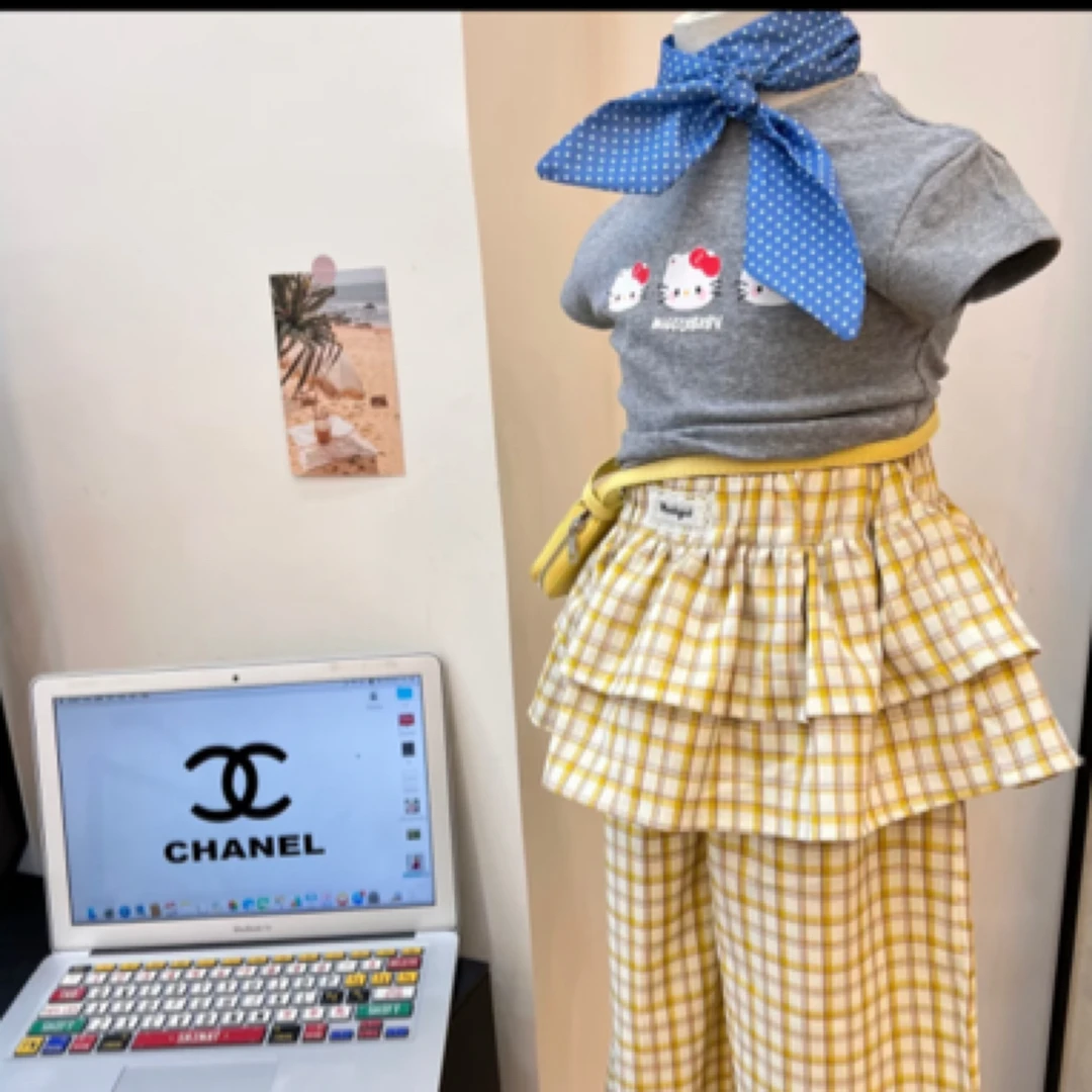 清货~现货~猫咪卡通套装女宝宝格子屁帘裤两件套A5-553/A5-555