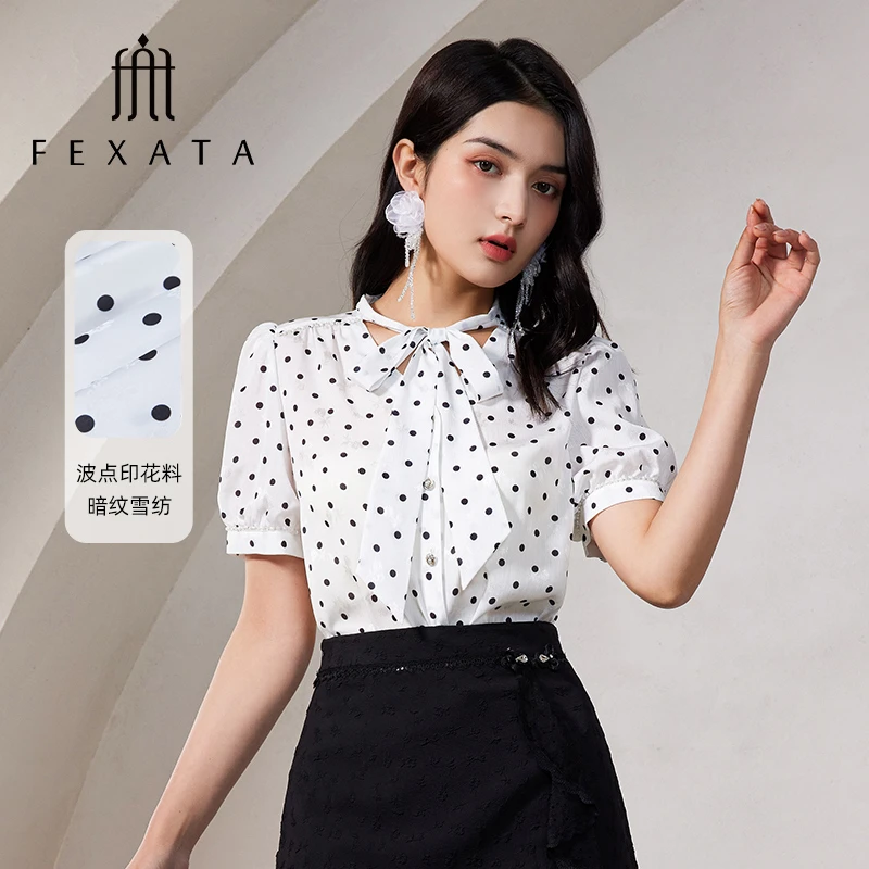 FEXATA斐格思衬衫女2025夏季新品气质优雅系带复古波点短袖衬衣