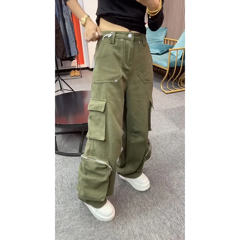 2025秋季韩版洋气潮流时尚立体口袋复古高腰显瘦百搭阔腿牛仔长裤