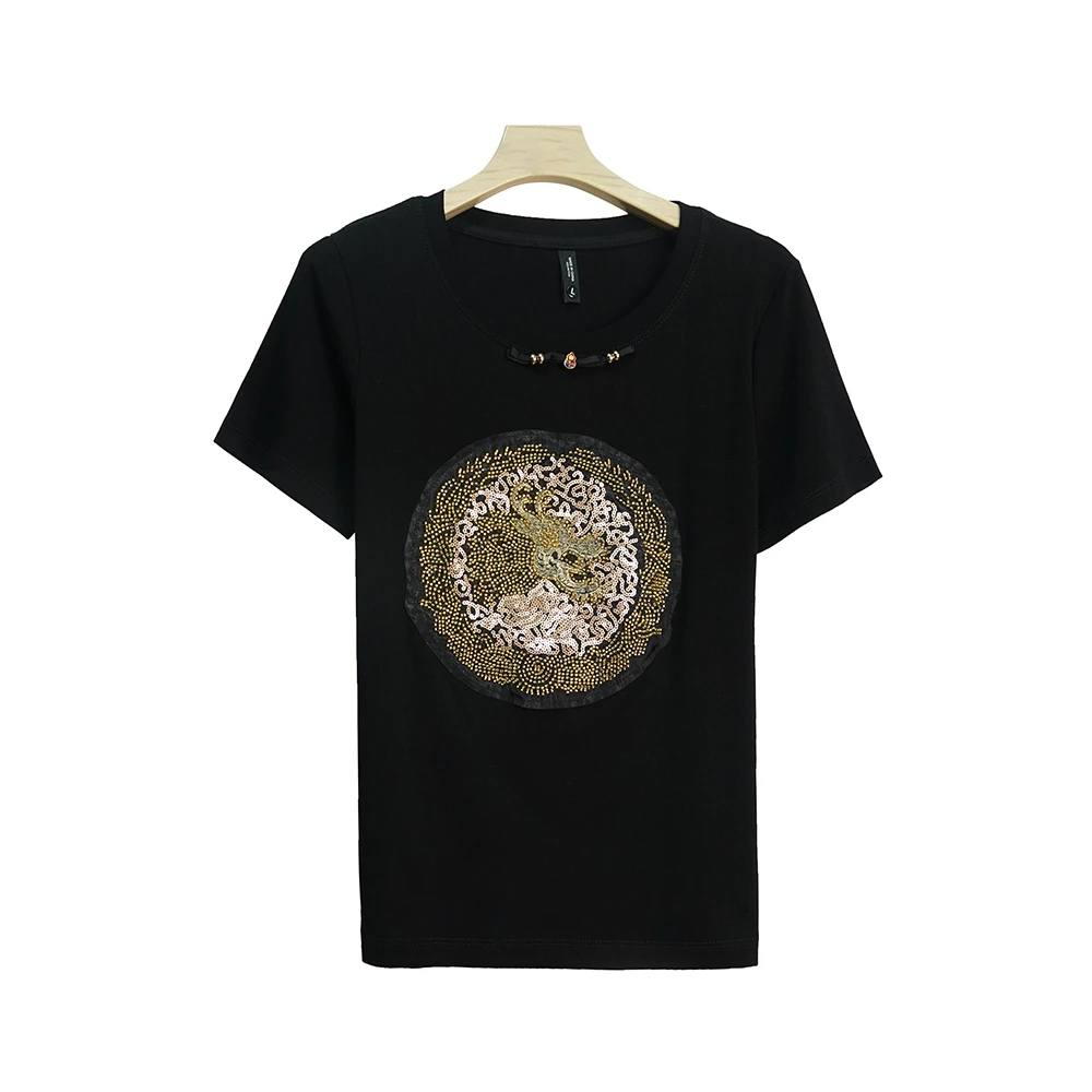 休闲百搭圆领重工国风T恤修身轻奢潮流春夏镶钻X2652