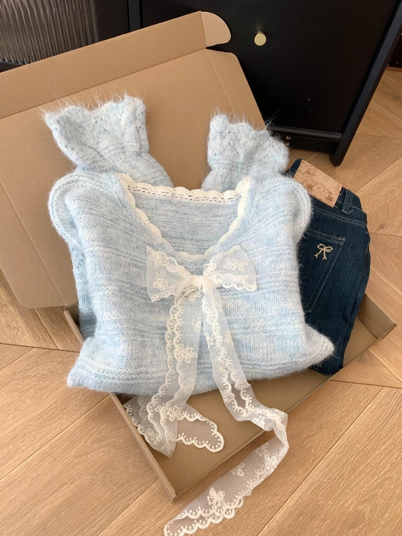 蕾丝蝴蝶结V领针织上衣女秋冬设计感慵懒风宽松显瘦百搭软糯毛衣