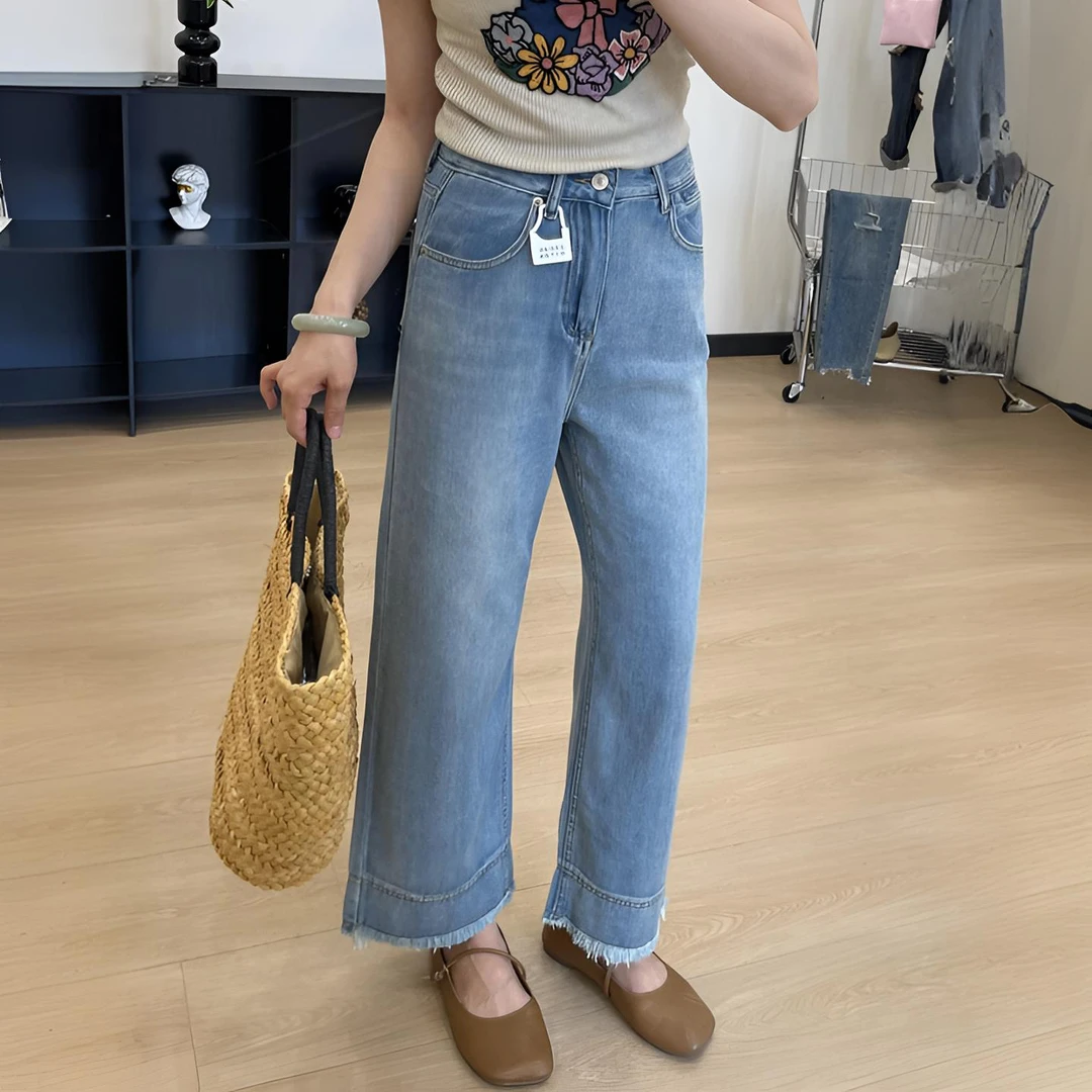 夏季薄款高腰阔腿牛仔裤女款2025爆款小个子宽松显瘦九分直筒裤子