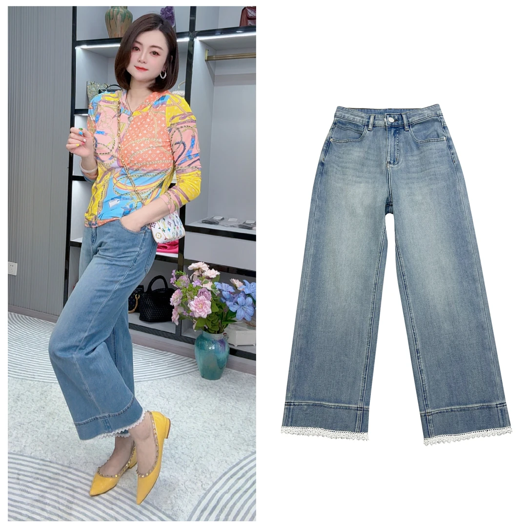 【DJ轻奢】2025春季新款浅蓝色百搭高腰宽松显瘦九分直筒牛仔裤女