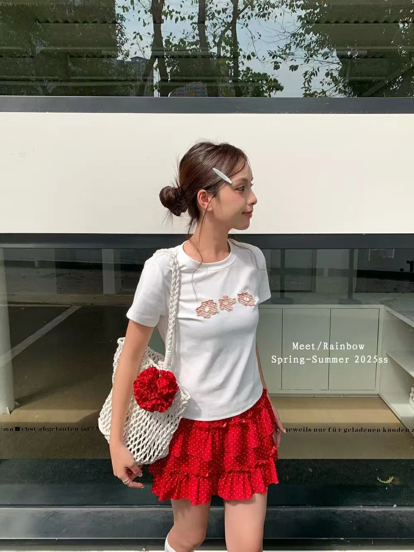 韩系可爱三朵小花贴布短袖T恤181677# HJY