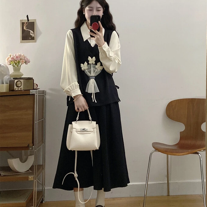 大码时尚赫本风套装女秋季蝴蝶结衬衫胖MM遮肚显瘦半身裙子两件套