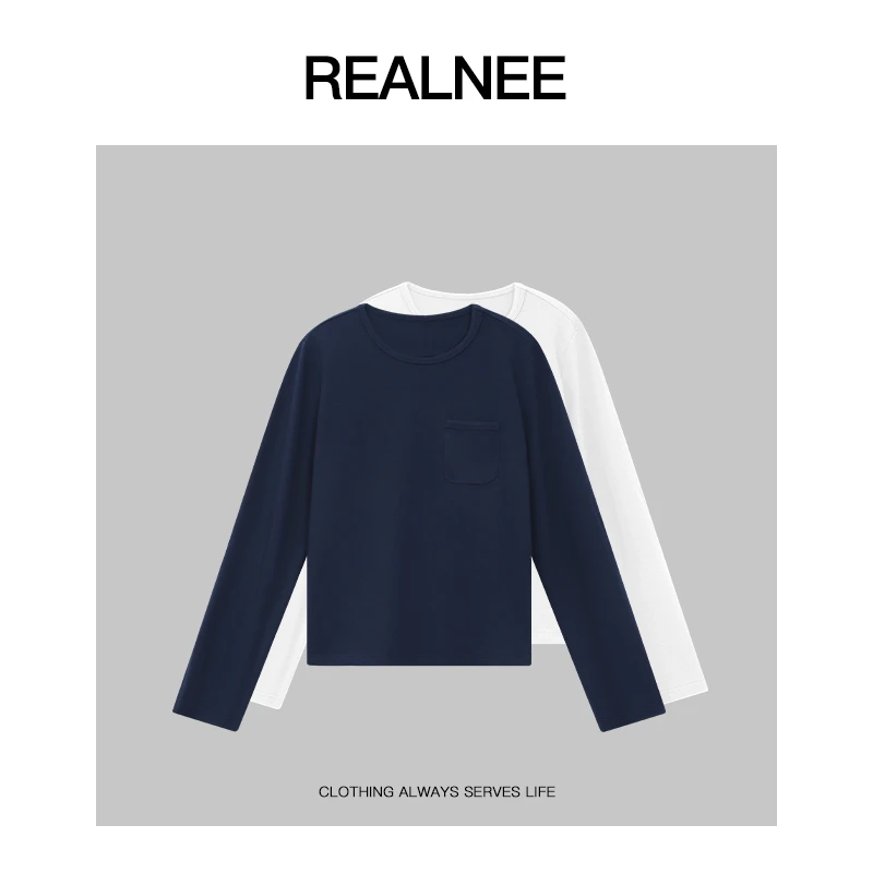 REALNEEI【口袋魔法】长绒棉极简舒适主义上衣女圆领口袋长袖07118