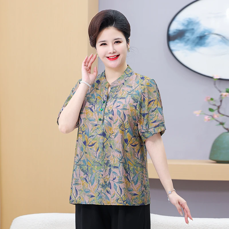 130-260斤特大码妈妈装夏季加肥宽松短袖V领衬衣中老年女装衬衫潮