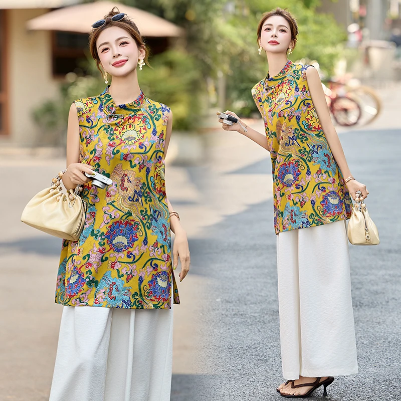 新中式国风无袖2025提花夏季中国风洋气夏装复古女装宽松气质上衣