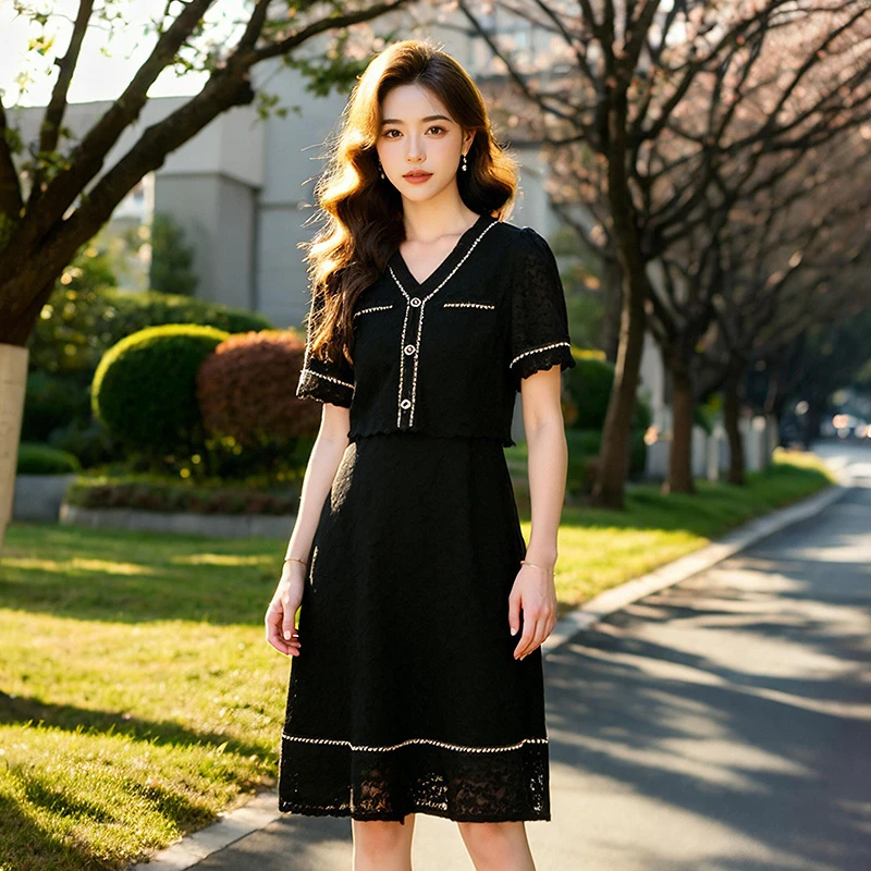 奢姿大码女装2025夏季法式蕾丝A字连衣裙胖妹妹V领气质时尚裙子