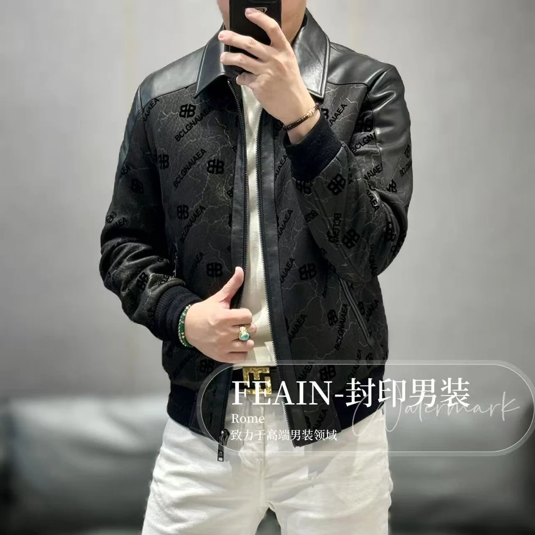 【真皮拼接】高端男士激光雕花植绒工艺加棉夹克8105