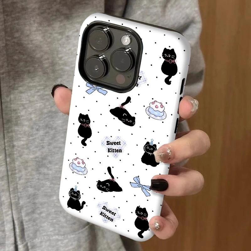 波点蛋糕黑猫适用苹果16手机壳华为可爱vivo小米15oppo菲林二合一