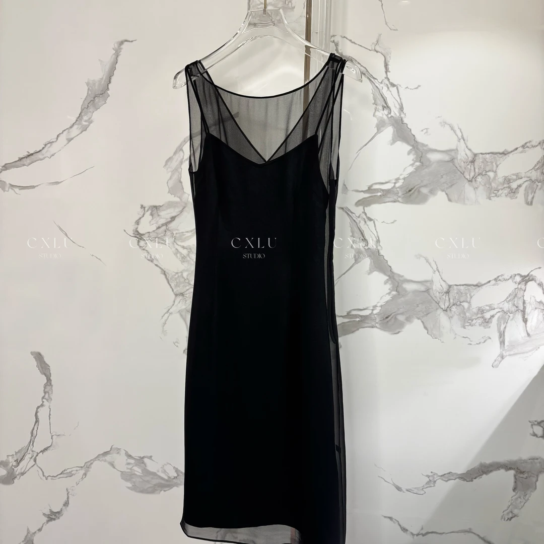 杨树林清冷感桑蚕丝薄纱连衣裙吊带修身醋酸中长连衣裙2611