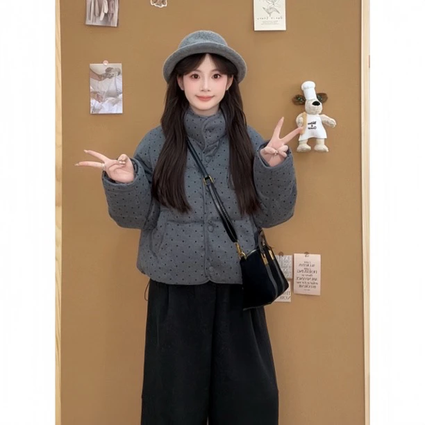 【燃燃定制】150小个子冬季新款韩系波点立领加厚短款棉服外套-2512