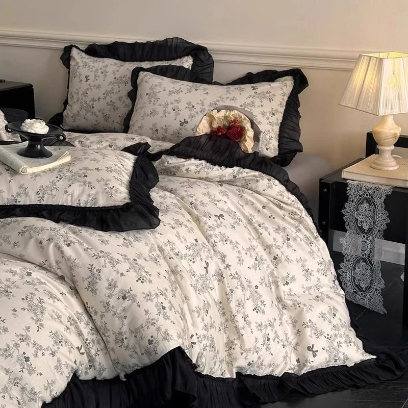复古法式赫本风花边纯棉床上四件套全棉蕾丝花边被套床单笠三件套