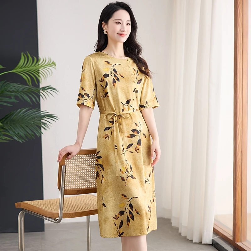 重磅真丝连衣裙女中长款气质印花显瘦2025夏季新款高端桑蚕丝裙子