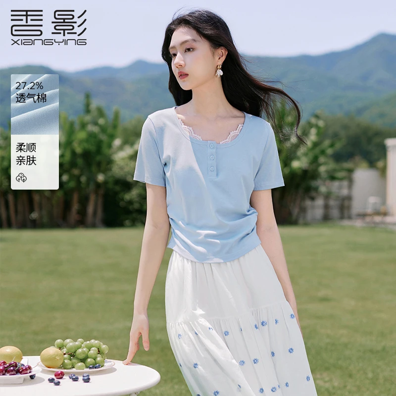 T85S766 T恤 香影蕾丝拼接正肩T恤女短袖夏季新款芭蕾风修身上衣