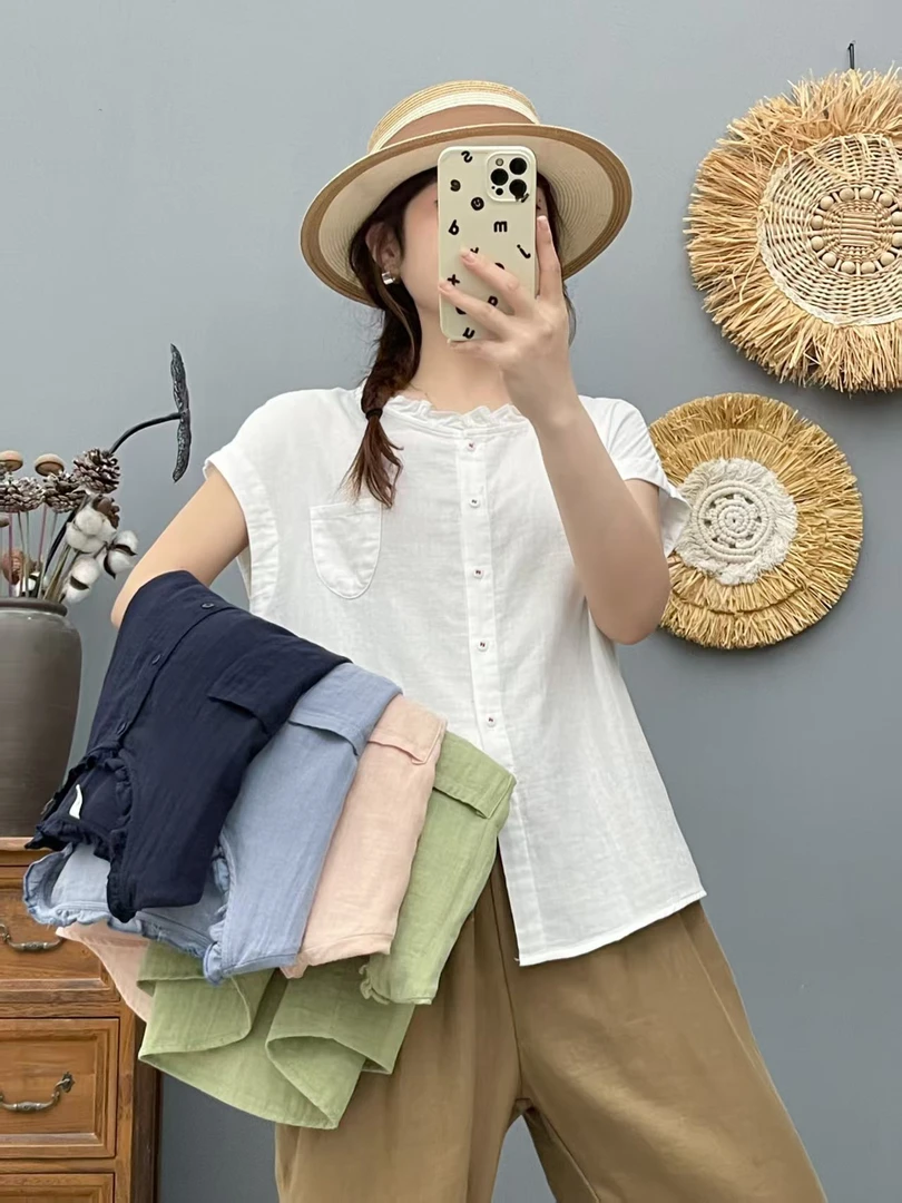 夏季新款小飞袖双层棉纱衬衫女士清新显瘦薄款上衣木耳边圆领