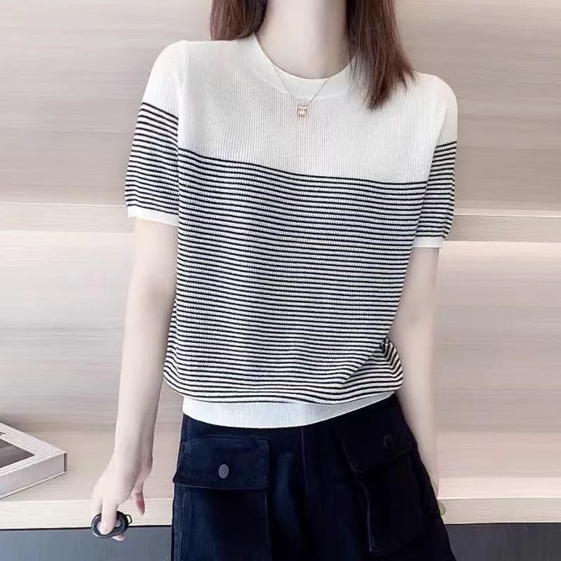 哥弟阿玛施正品商场同款2025夏季新款条纹短袖冰丝针织衫女款上衣