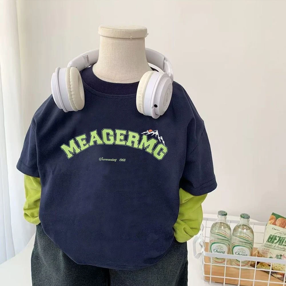 中大童新款英文字母印花洋气韩版假两件春秋装男女童纯棉长袖T恤