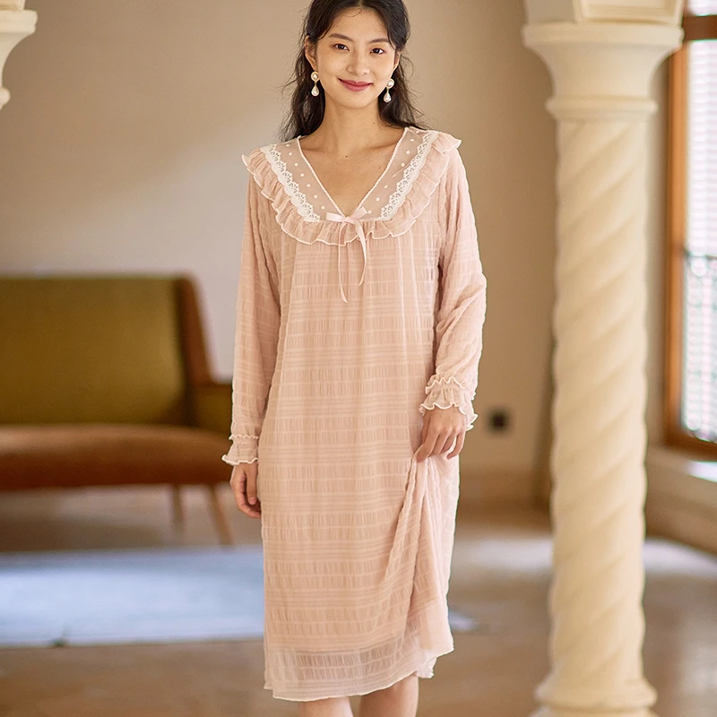 苏雅婷法式睡裙女2025秋季高级泡泡衫蕾丝甜美浪漫公主长袖睡衣