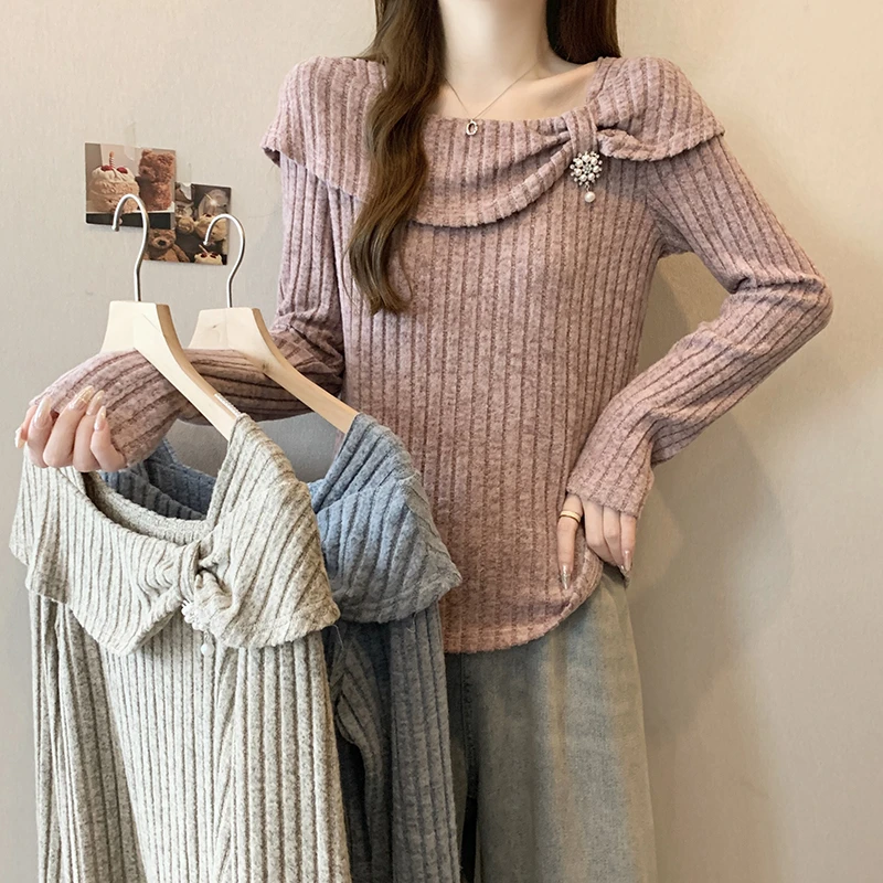 2025秋装新款胖mm大码女甜美设计感蝴蝶结方领别致长袖上衣A0696