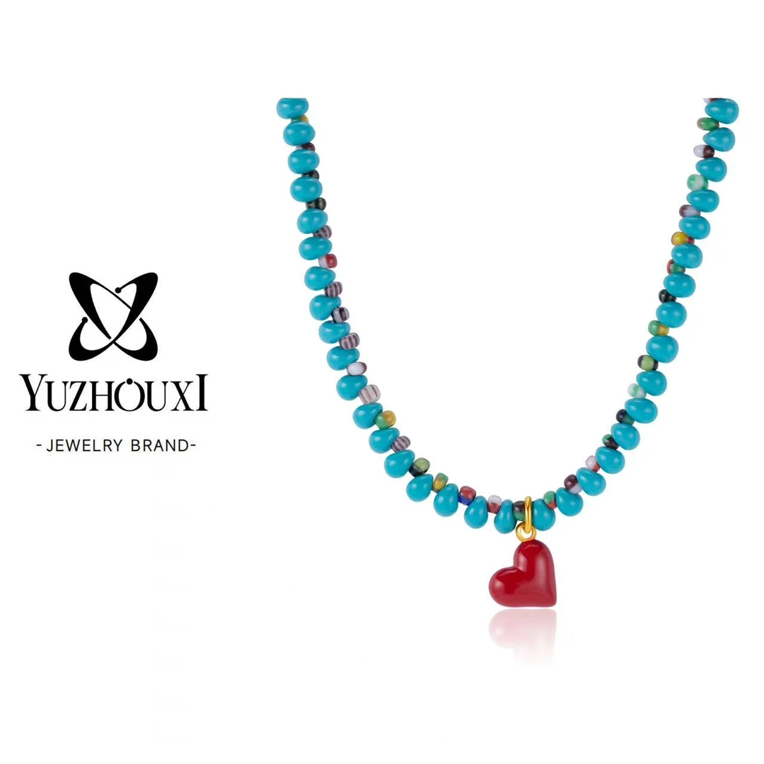 钛钢大理石项链 U4-018【蓝绿色水滴石头彩色串珠坠小红爱心项链】
