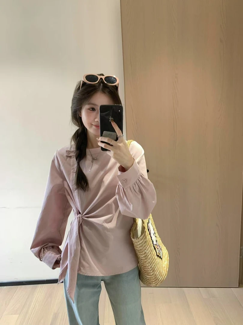 【48小时】范艺术生不规则绑带衬衫女设计感宽松通勤百搭圆领衬衣