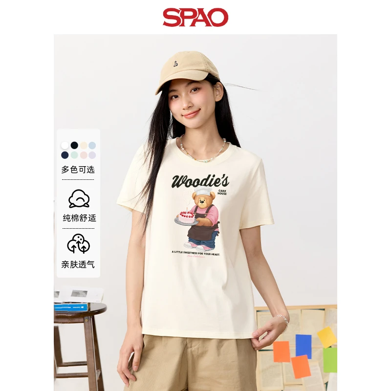 SPAO韩国同款小熊印花正肩短袖t恤女装夏季潮流百搭圆领体恤衫ZL