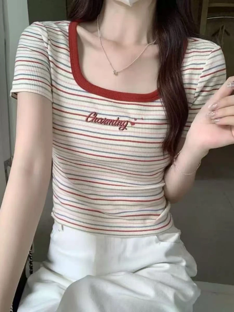 9101#t恤短袖女百搭短款条纹外穿显瘦冰丝遮肚短袖T恤设计感上衣