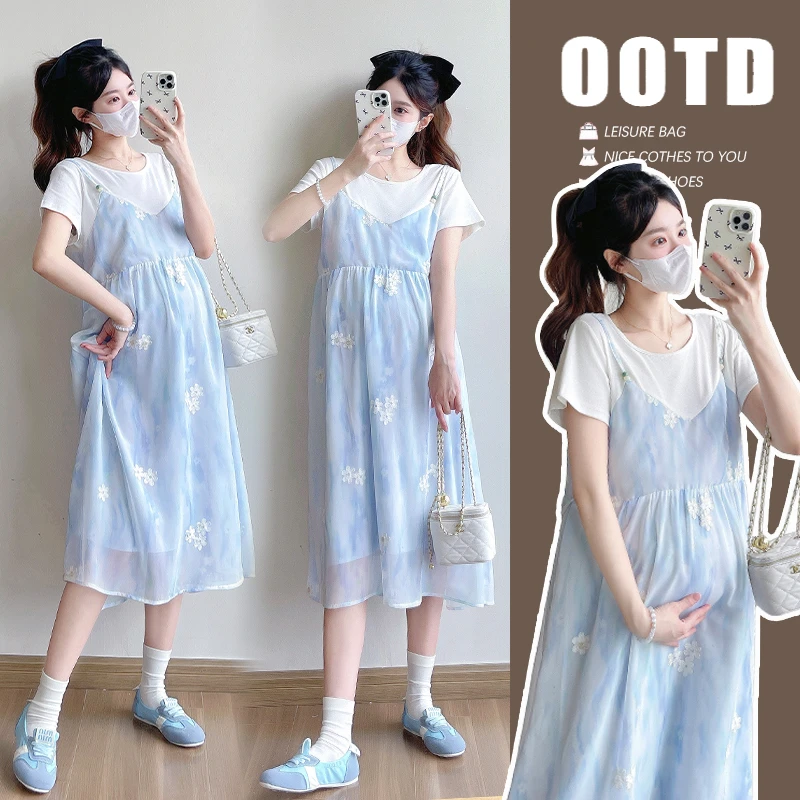 孕妇装夏装2025新款夏季宽松韩版显瘦T恤拼接刺绣假两件连衣裙女