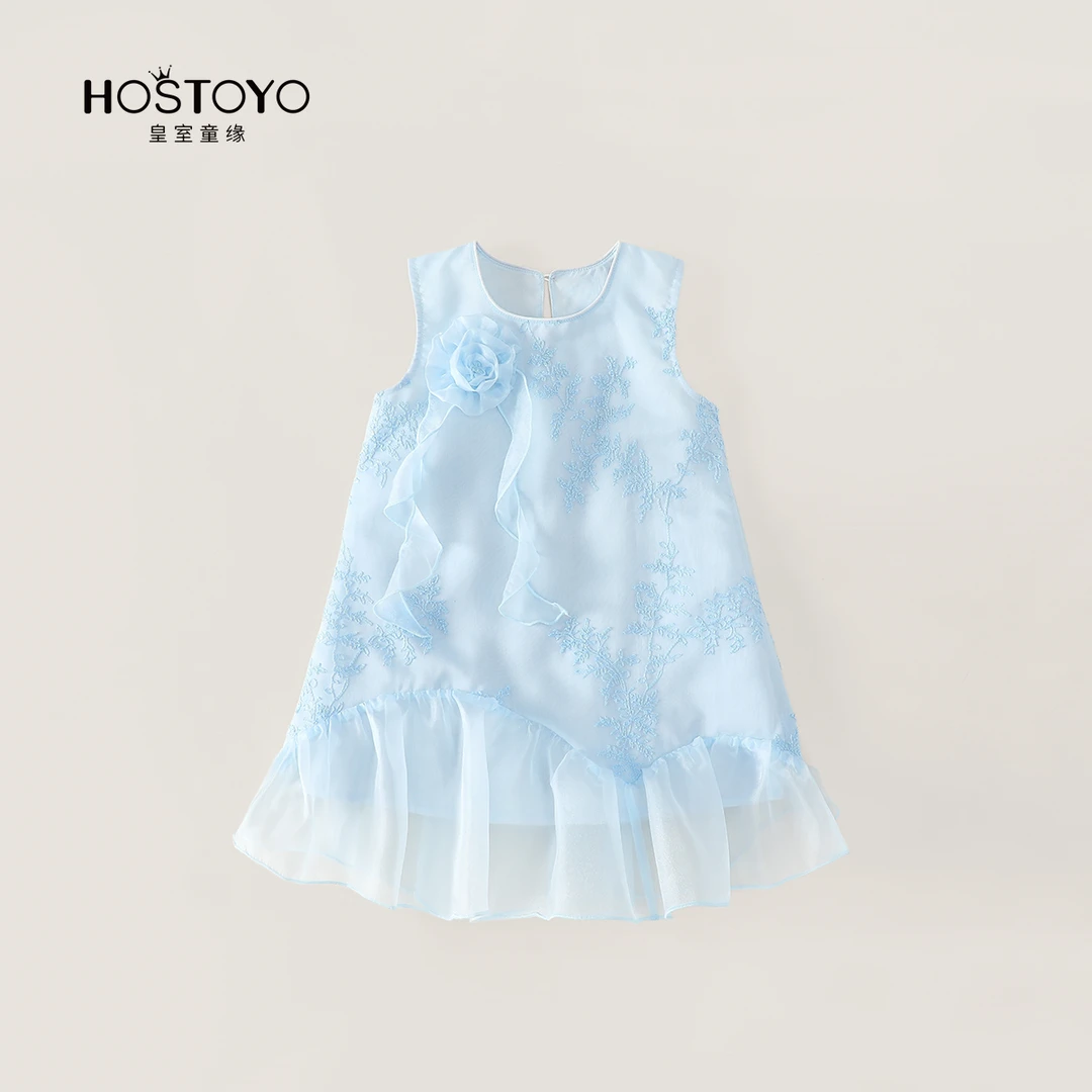 皇室童缘2025夏季女童甜美时尚洋气蓝色连衣裙