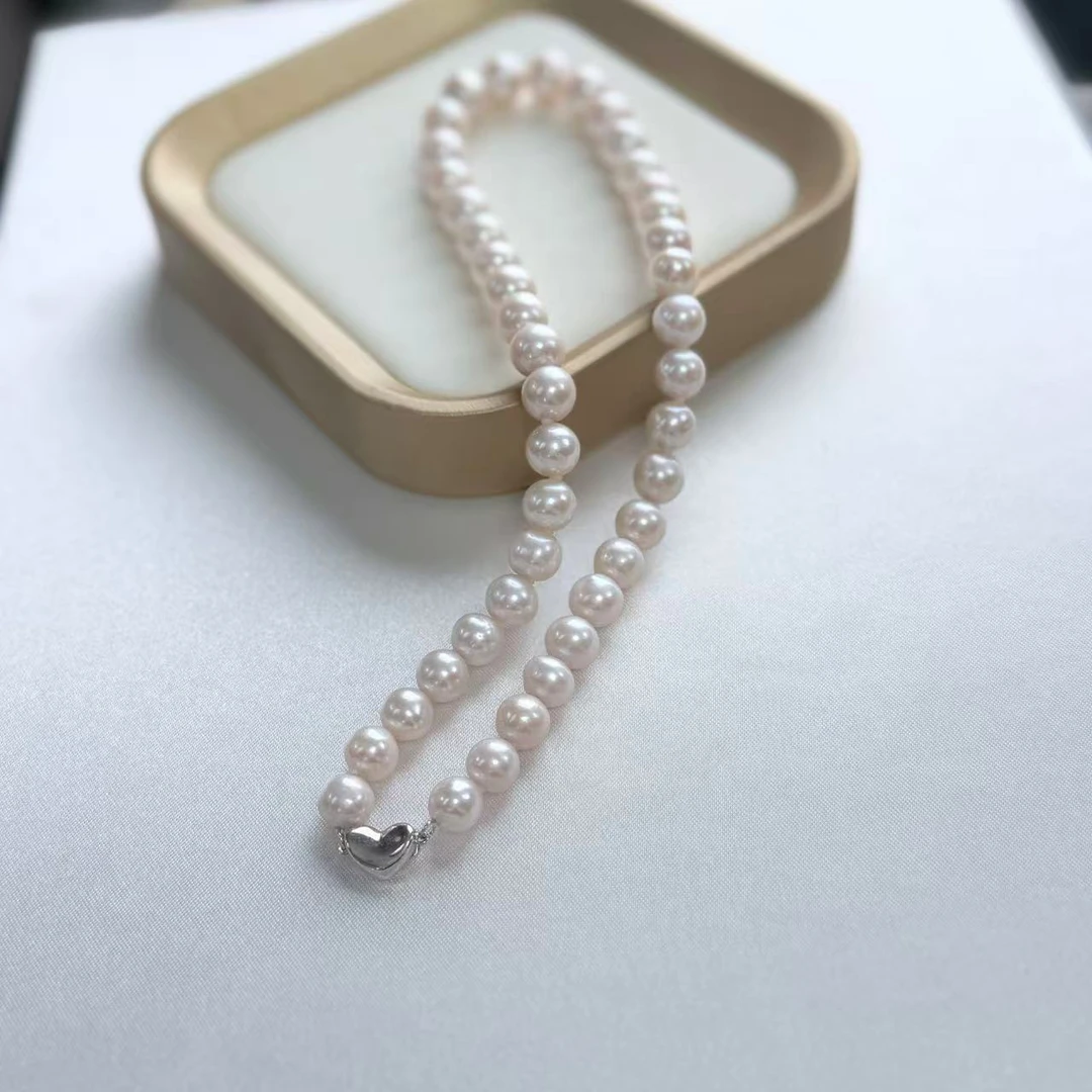 娜点珠宝 曼塔色9-11mm淡水珍珠项链S925银