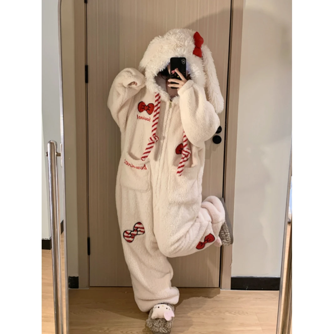 可爱少女睡袍冬季新款加绒加厚珊瑚绒兔子连体保暖睡衣外穿家居服