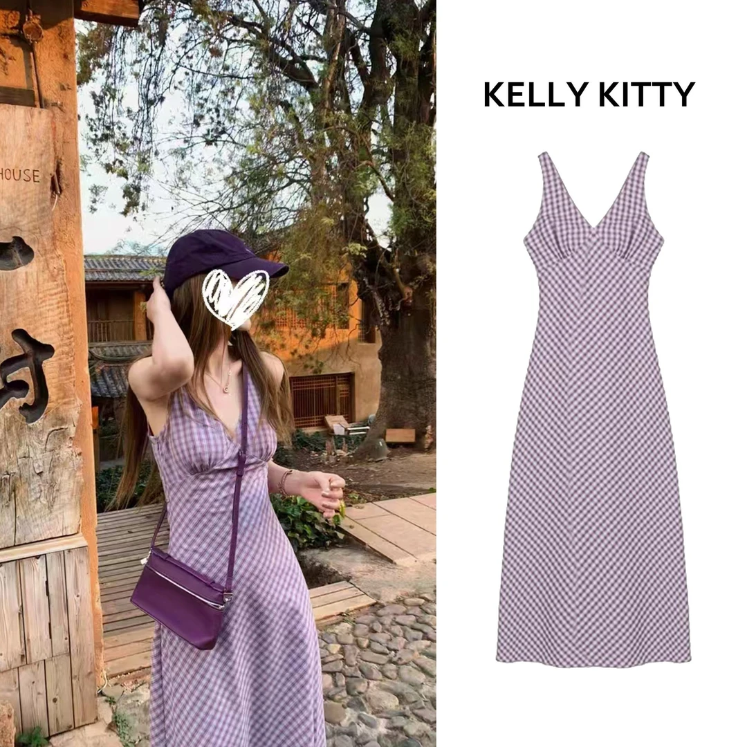 复古格纹V领无袖背心连衣裙女法式度假风气质收腰修身裙子D8094
