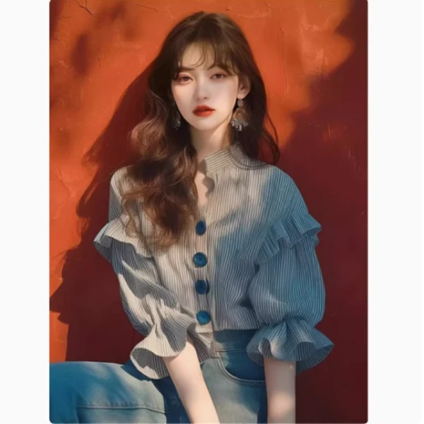 9327 夏季流行爆款小众独特上衣别致超好看黑白条纹荷叶边衬衫