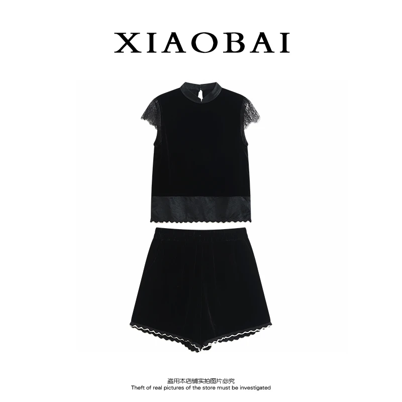 XIAOBAI 100桑蚕丝时尚两件套夏季黑色休闲荷叶边无袖圆领套装女