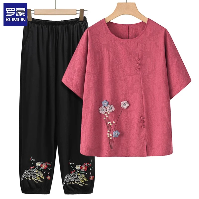 罗蒙妈妈装夏季中老年女装夏装时尚洋气短袖t恤上衣奶奶夏季衣服