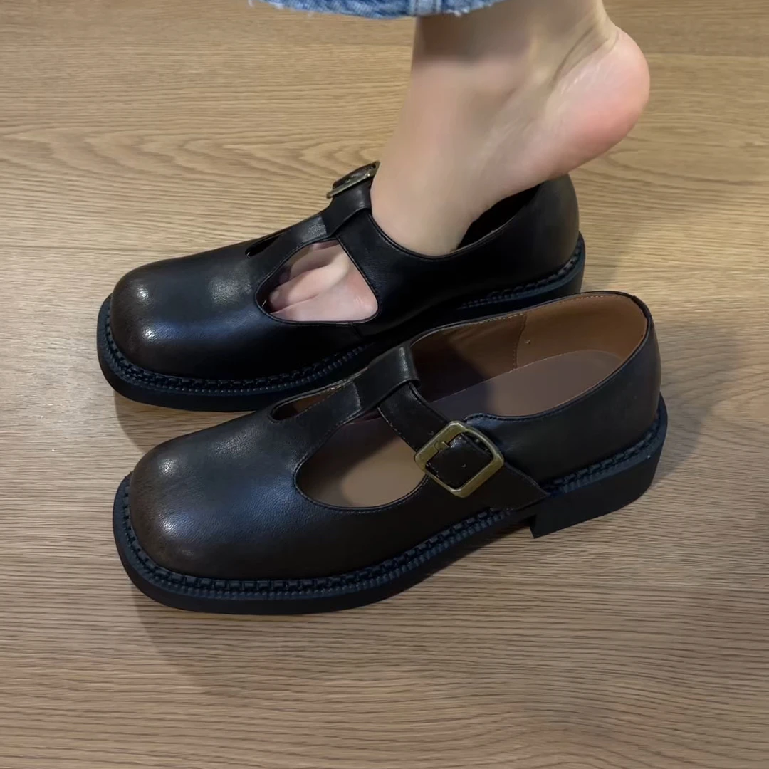 3.5cm单鞋2025年新款简约miu风罗马鞋复古百搭舒适粗跟方头单鞋女